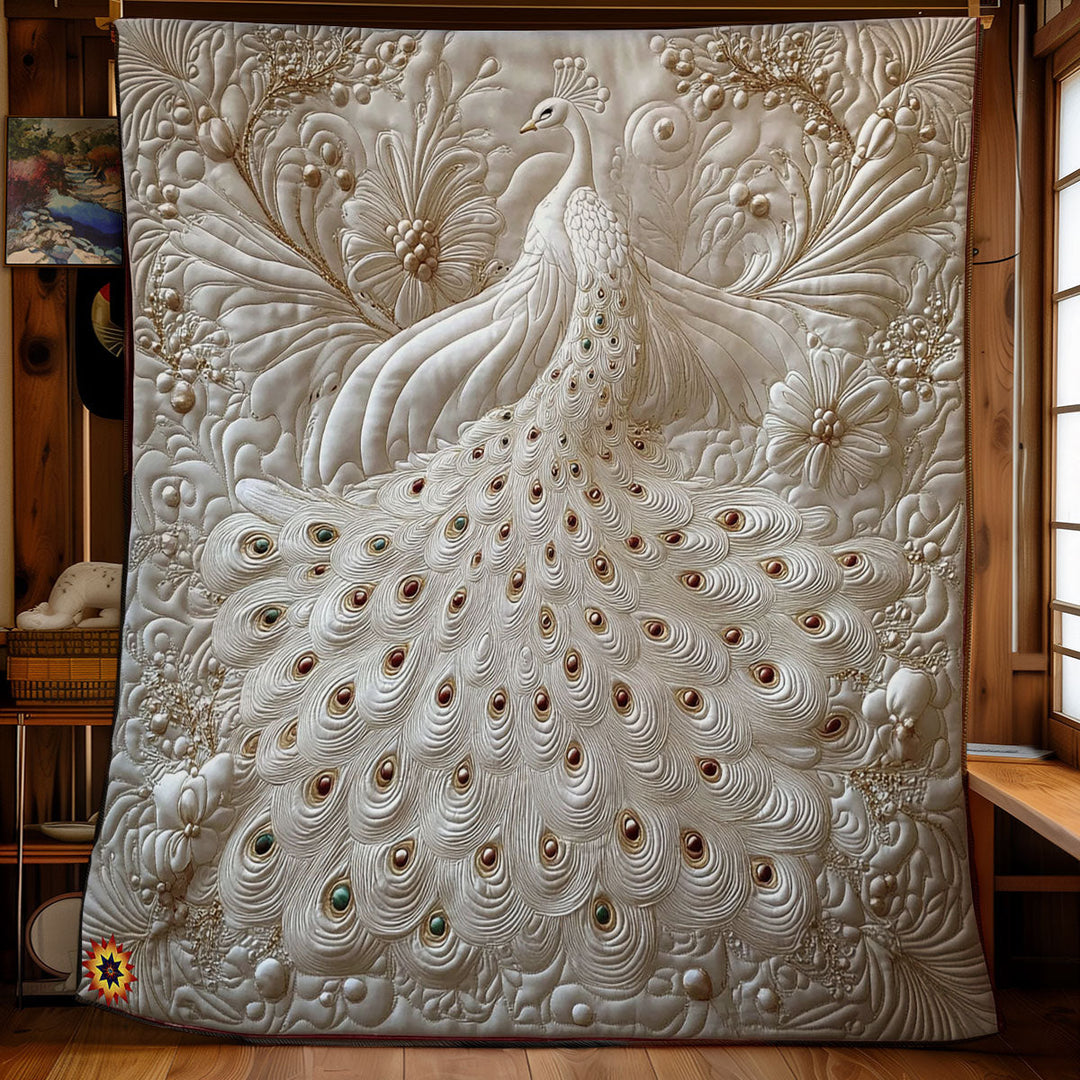Steppdecke mit weißem Pfau in Relief