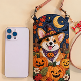 Schmale gesteppte Handy-Umhängetasche – Corgi mit Kürbissen zu Halloween