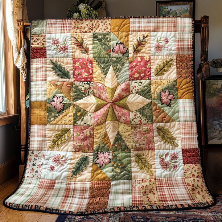 Patchwork-Steppdecke mit Stern in Rosa und Grün