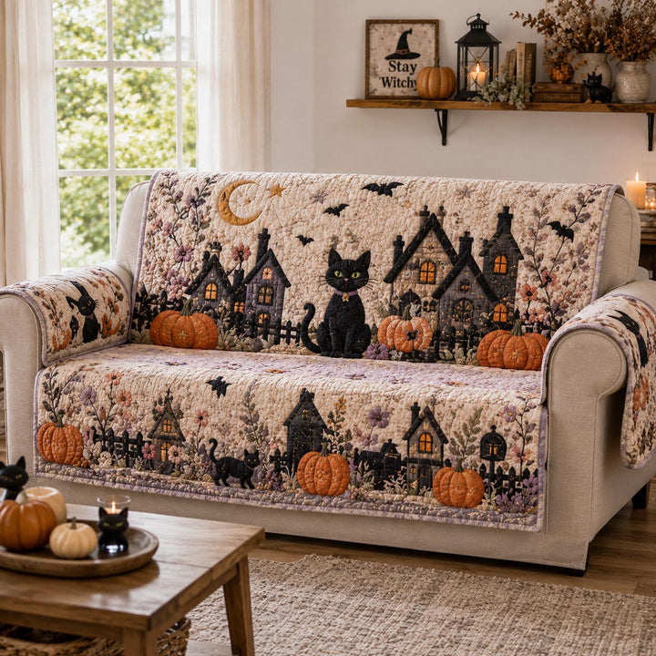 Gesteppter Sofaüberwurf mit schwarzer Katze