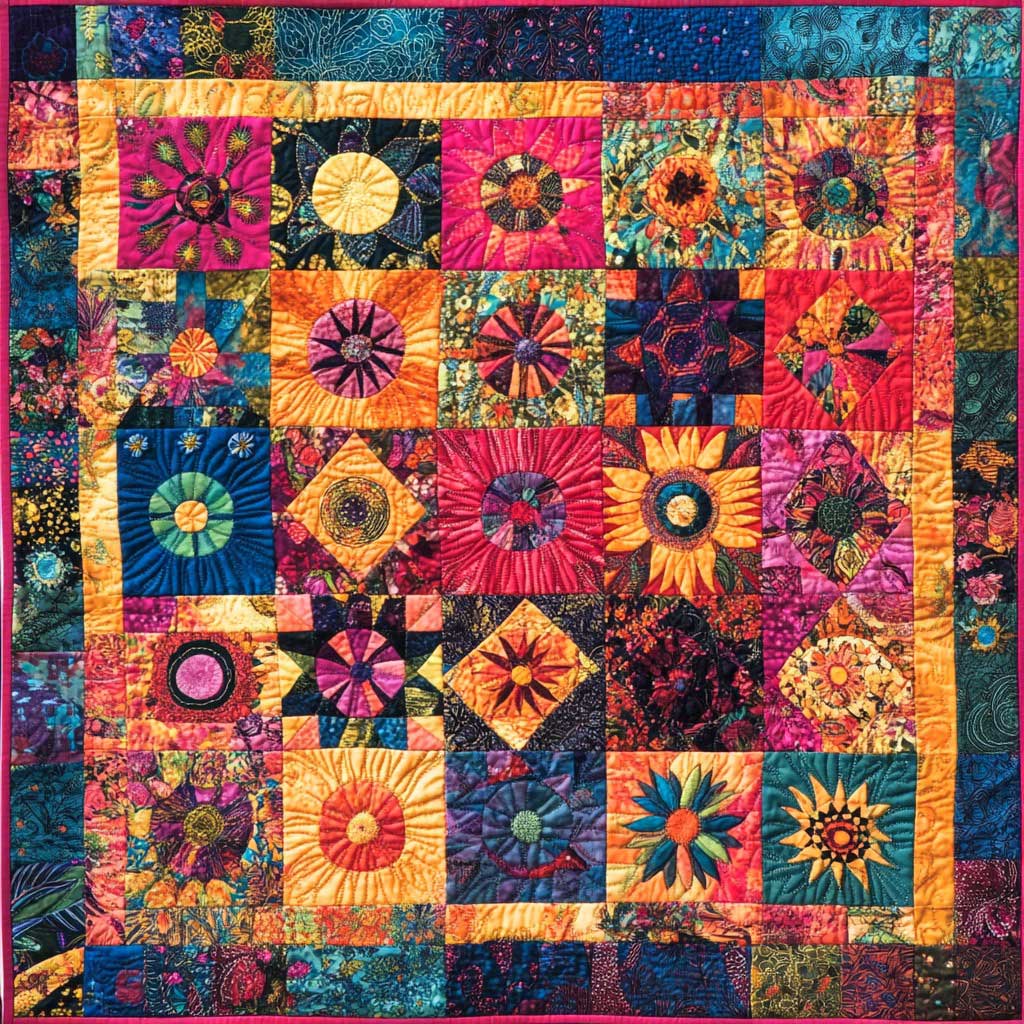 Boho-Patchwork-Steppdecke mit Blütensternen