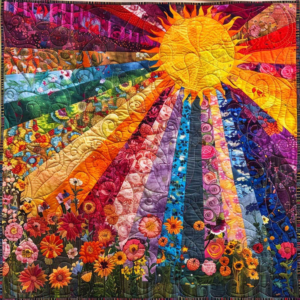 Steppdecke mit Sonnenstrahlen in Regenbogenfarben