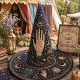 Handgefertigter gesteppter Hexenhut – Mystisches Tarot und Sterne