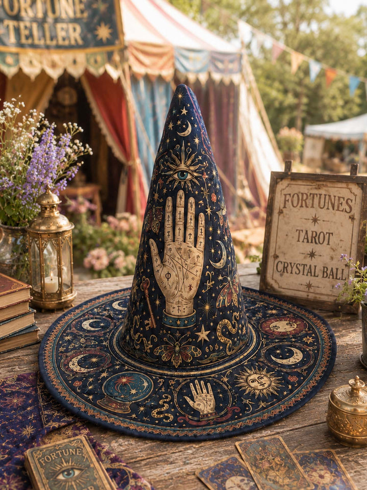 Handgefertigter gesteppter Hexenhut – Mystisches Tarot und Sterne