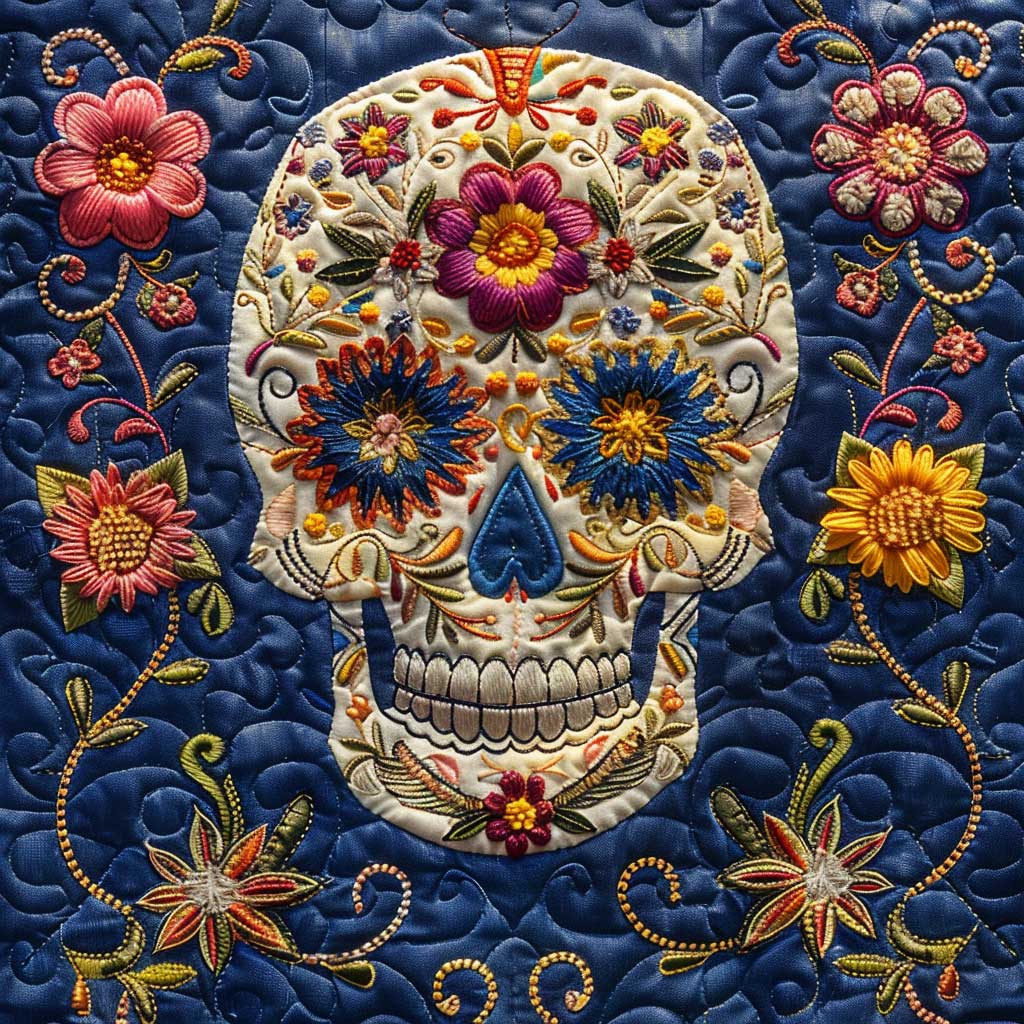 Steppdecke mit Calavera-Totenkopf auf Blau