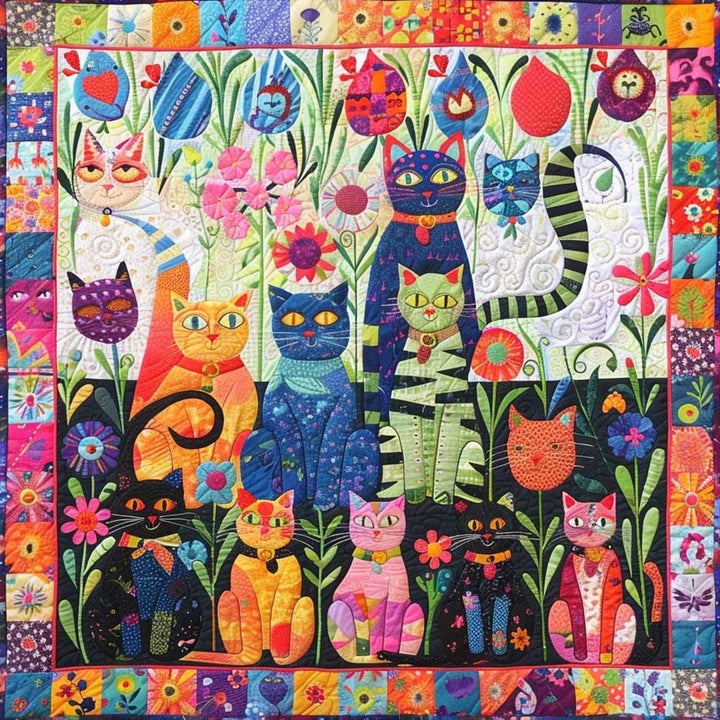 Steppdecke mit Katzen im Garten im Folk-Stil