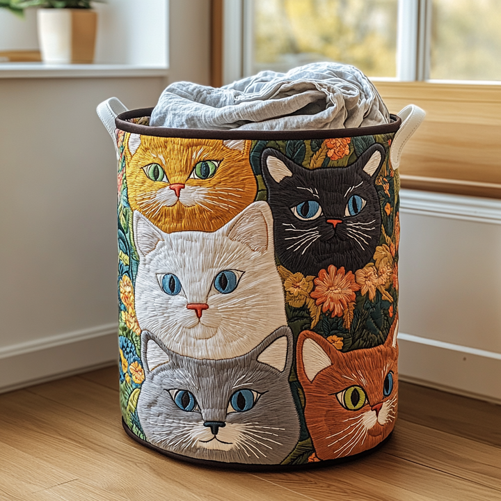 Gesteppter Wäschekorb – mit Katzen und Blumen