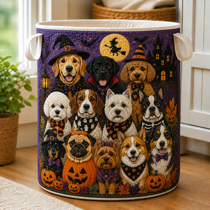 Gesteppter Wäschekorb – Hunde in Halloweenkostümen