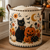 Gesteppter Wäschekorb – Schwarze Katze und Herbstkürbisse