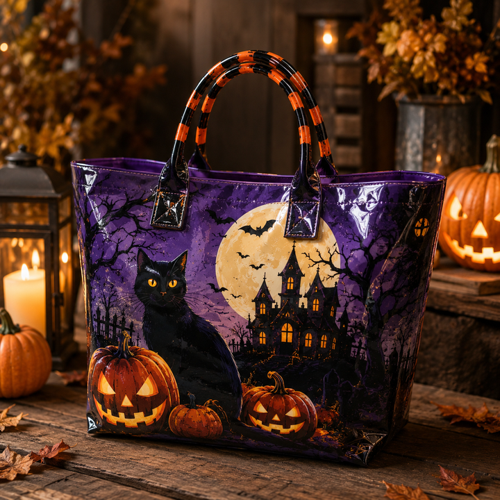 PVC-Tragetasche – Schwarze Katze, Kürbisse und Halloween-Mond
