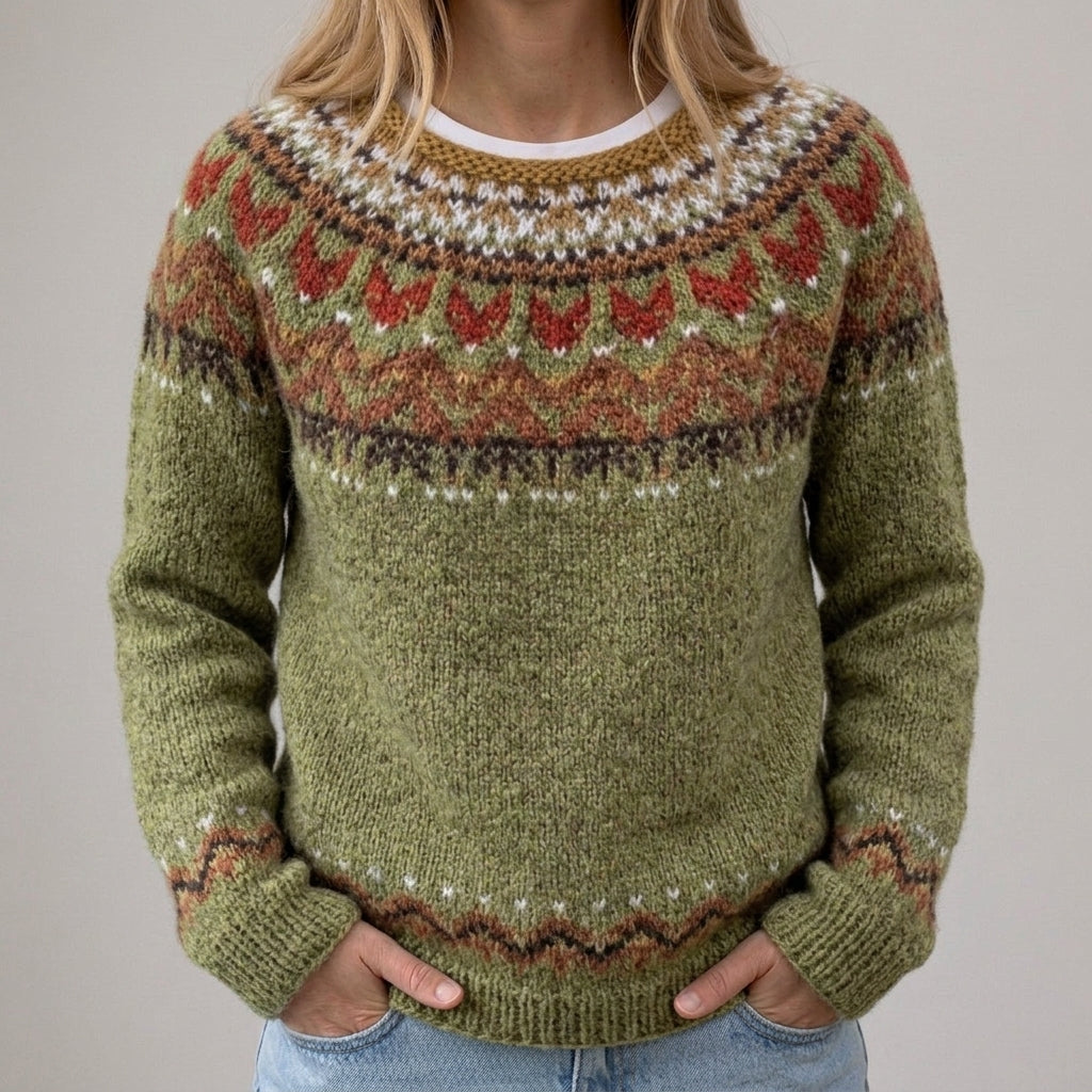 L'Adriana | Olivgrüner Vintage-Pullover mit norwegischem Muster