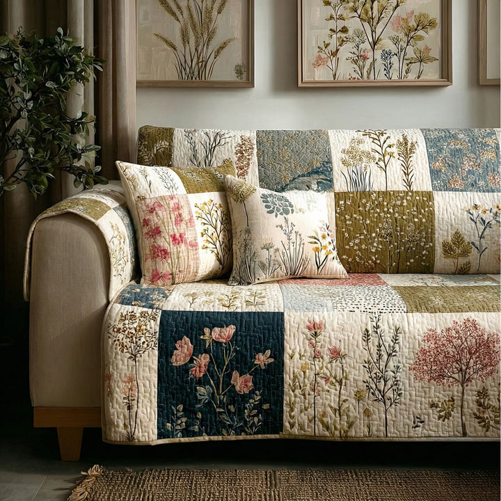 Gesteppter Sofaschoner mit ländlichen Blüten