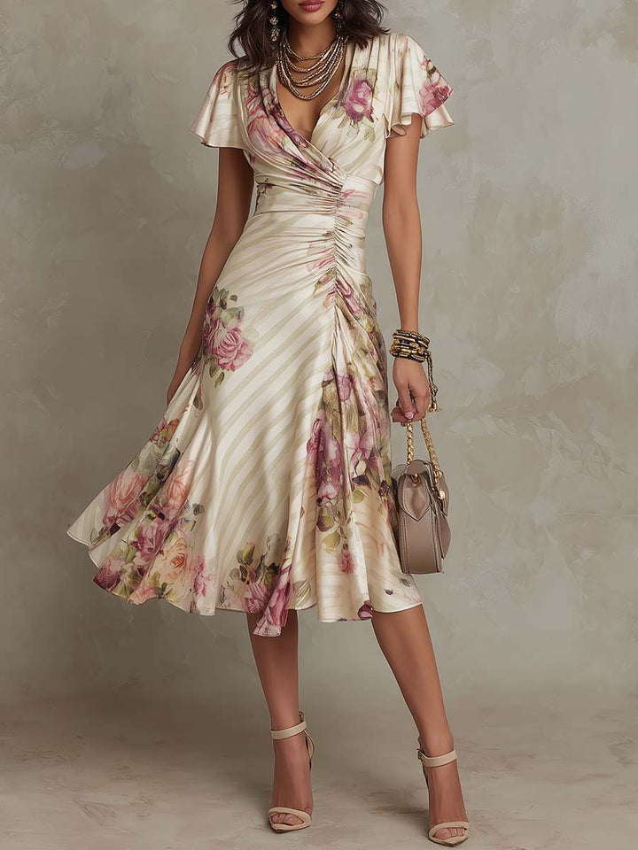 Leni | Vintage Satin Midikleid mit Blumenmuster