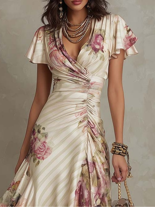 Leni | Vintage Satin Midikleid mit Blumenmuster