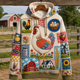Rustikaler Patchwork-Hoodie mit Landhuhn-Motiv