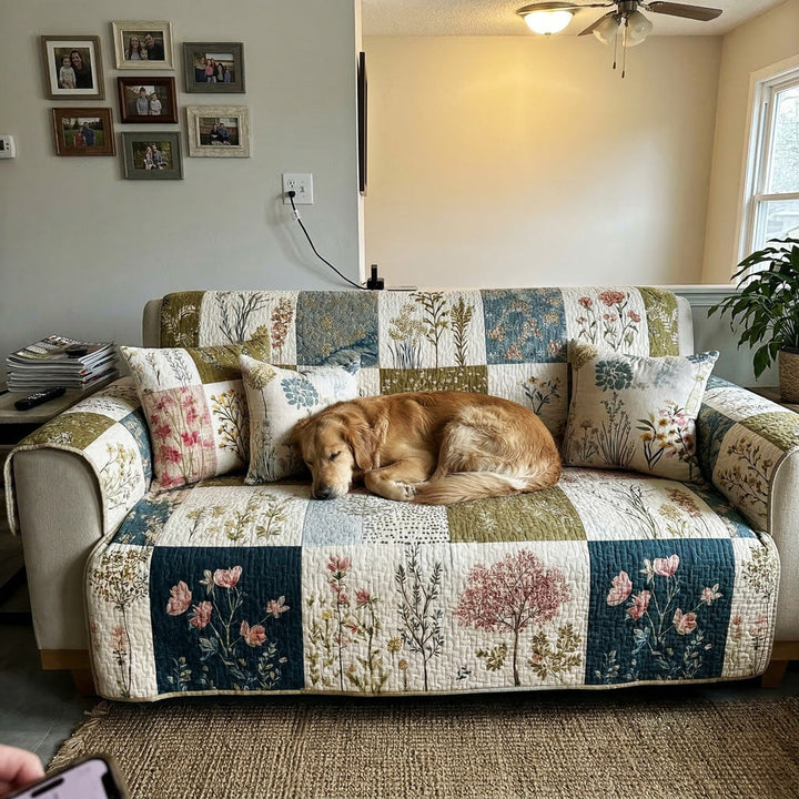 Gesteppter Sofaschoner mit ländlichen Blüten