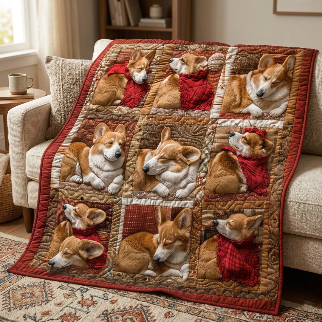 Steppdecke mit schlafenden Corgis
