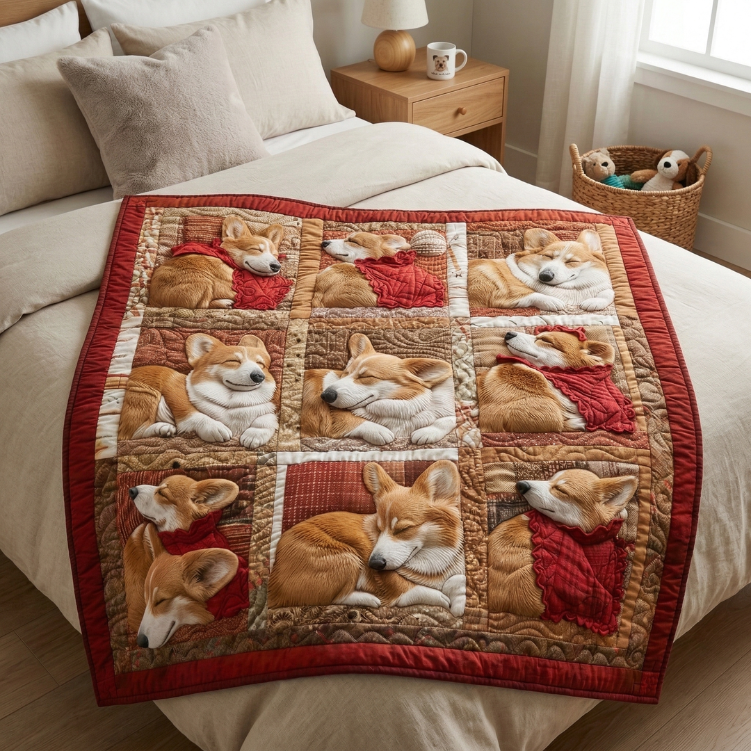 Steppdecke mit schlafenden Corgis