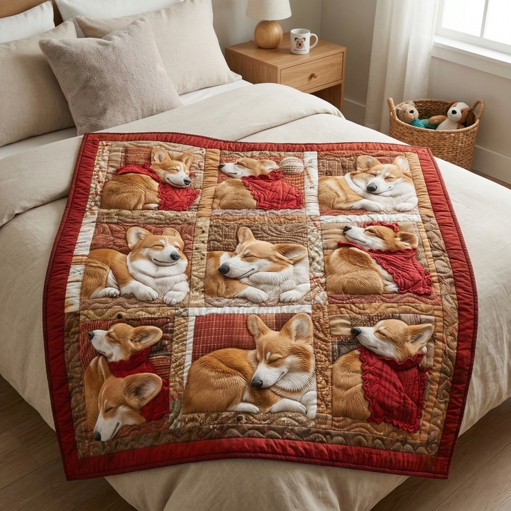 Steppdecke mit schlafenden Corgis