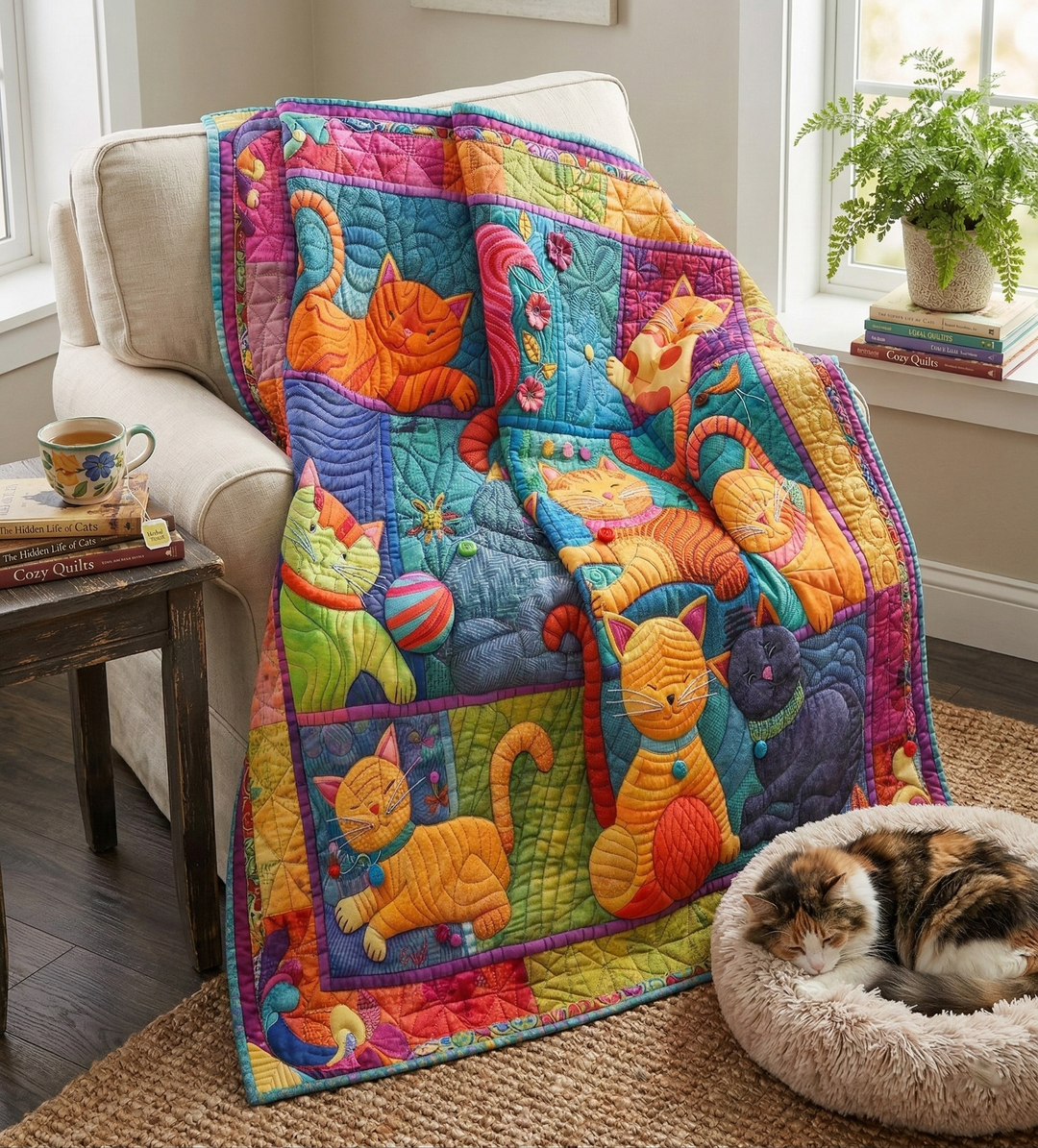 Patchwork-Steppdecke mit Katzen und Wollknäueln