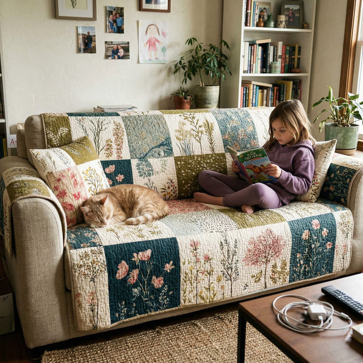 Gesteppter Sofaschoner mit ländlichen Blüten