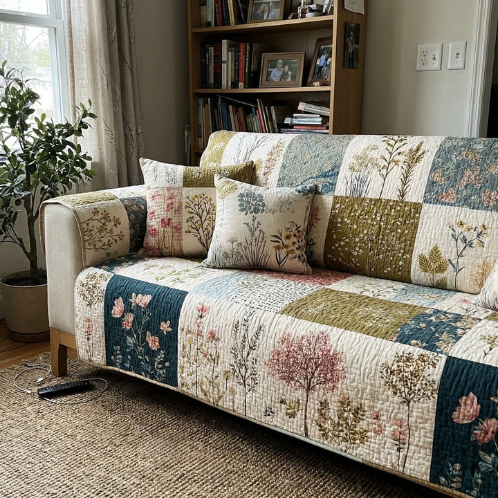 Gesteppter Sofaschoner mit ländlichen Blüten