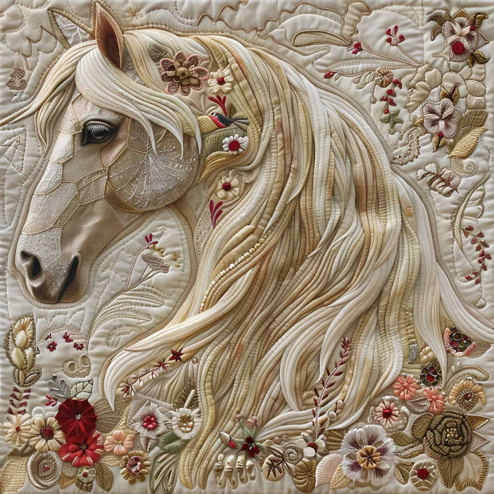Steppdecke mit weißem Pferd und Blüten