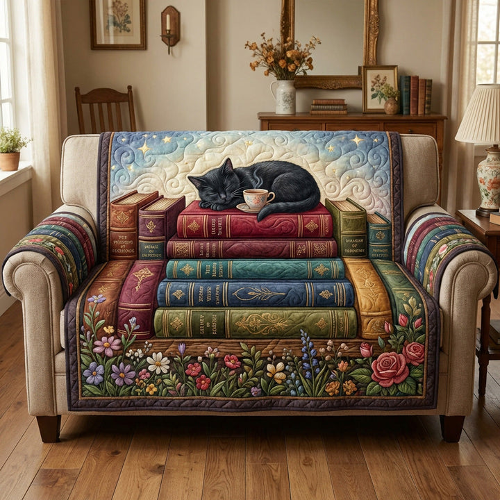 Gesteppter Sofaüberwurf mit Katze, Büchern und Kaffee