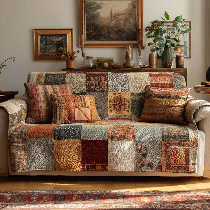 Gemütlicher Sofabezug mit Peace-Zeichen im Patchwork