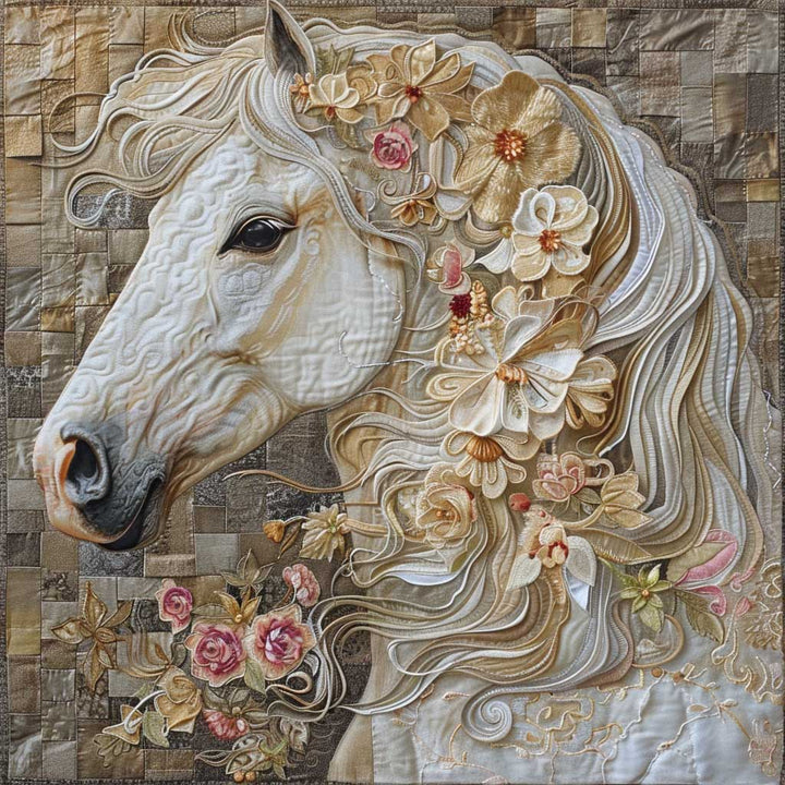Steppdecke mit weißem Pferd und Rosen