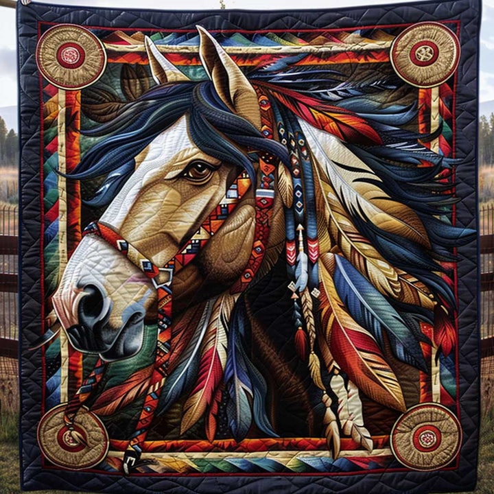 Steppdecke mit Pferd im Federschmuck