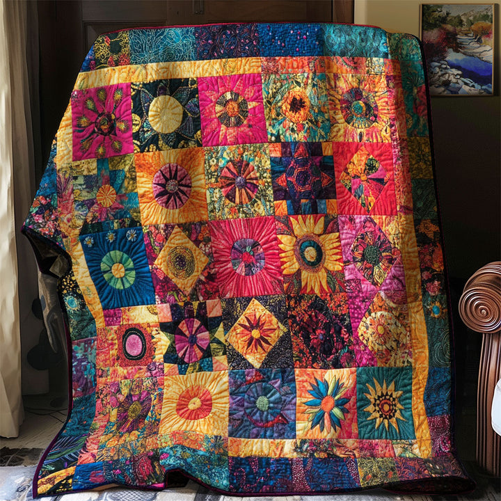Boho-Patchwork-Steppdecke mit Blütensternen