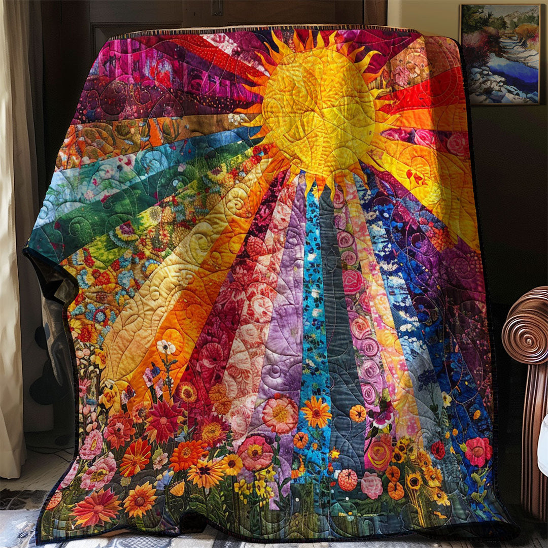 Steppdecke mit Sonnenstrahlen in Regenbogenfarben