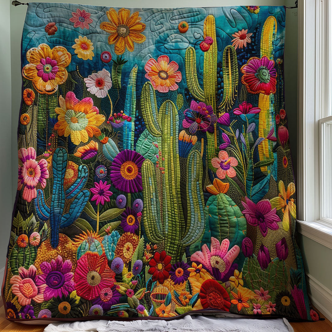 Steppdecke mit Kakteen und Blüten