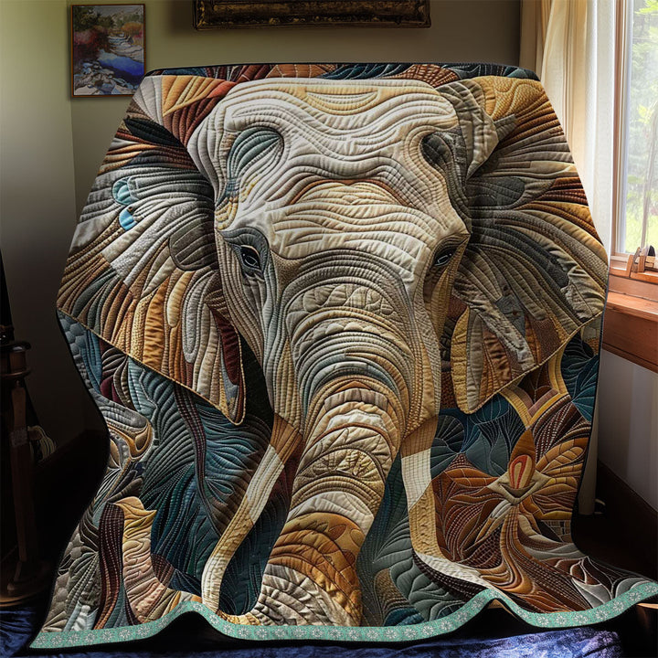 Steppdecke mit Elefant in Gold und Blau