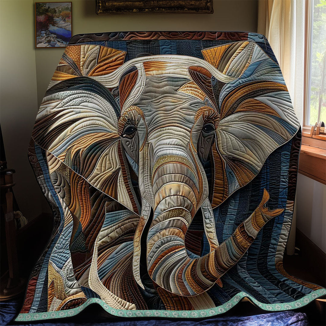 Steppdecke mit Elefant in Blau und Bronze