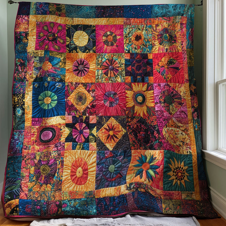 Boho-Patchwork-Steppdecke mit Blütensternen
