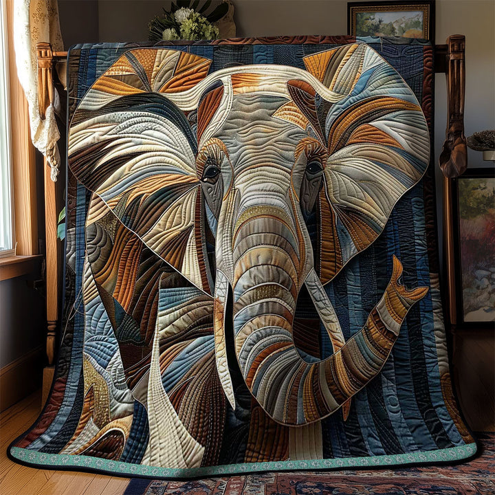 Steppdecke mit Elefant in Blau und Bronze