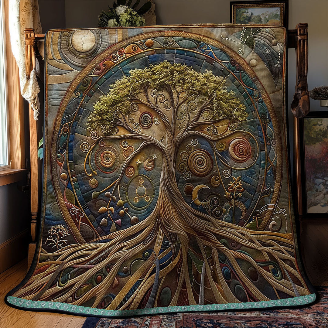 Steppdecke mit Lebensbaum in Gold und Blau