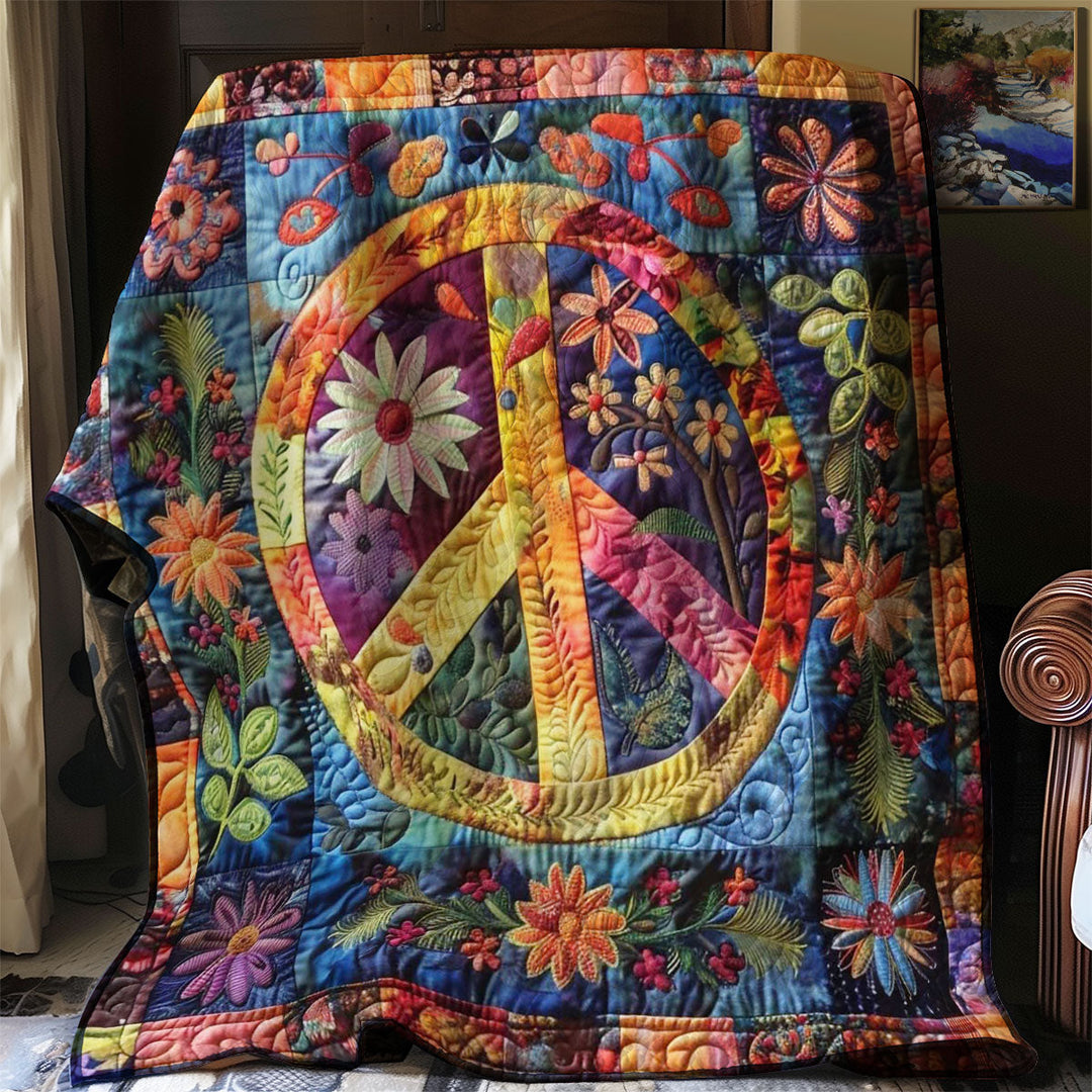 Steppdecke mit Peace-Zeichen im Blütenmeer