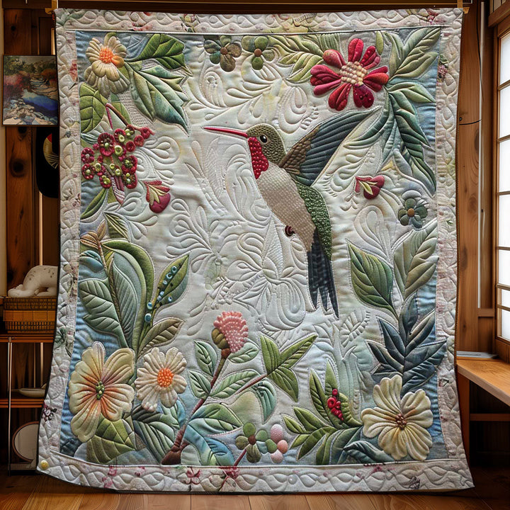 Steppdecke mit Kolibri und Blütenranken