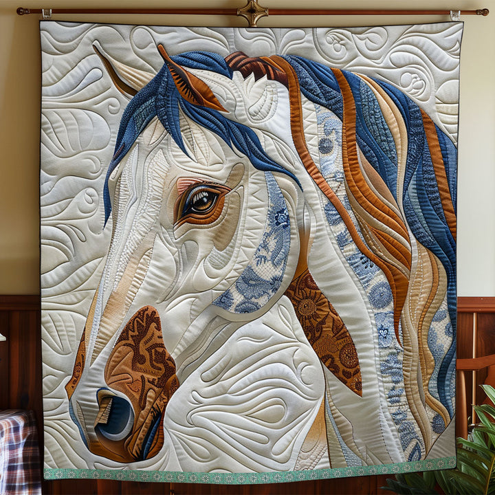 Steppdecke mit Pferd in Blau und Braun