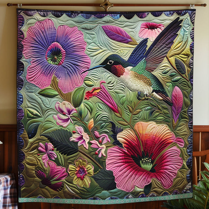 Steppdecke mit Kolibri und Hibiskus