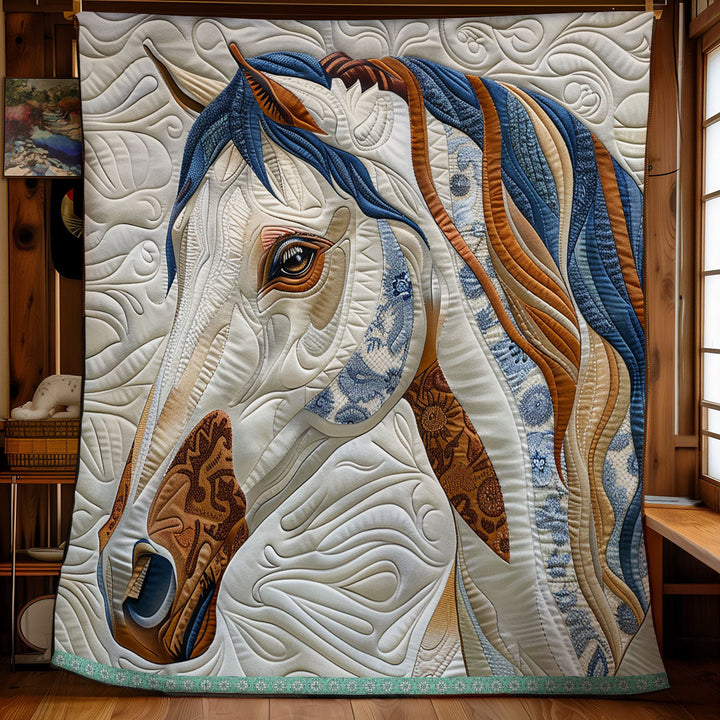 Steppdecke mit Pferd in Blau und Braun