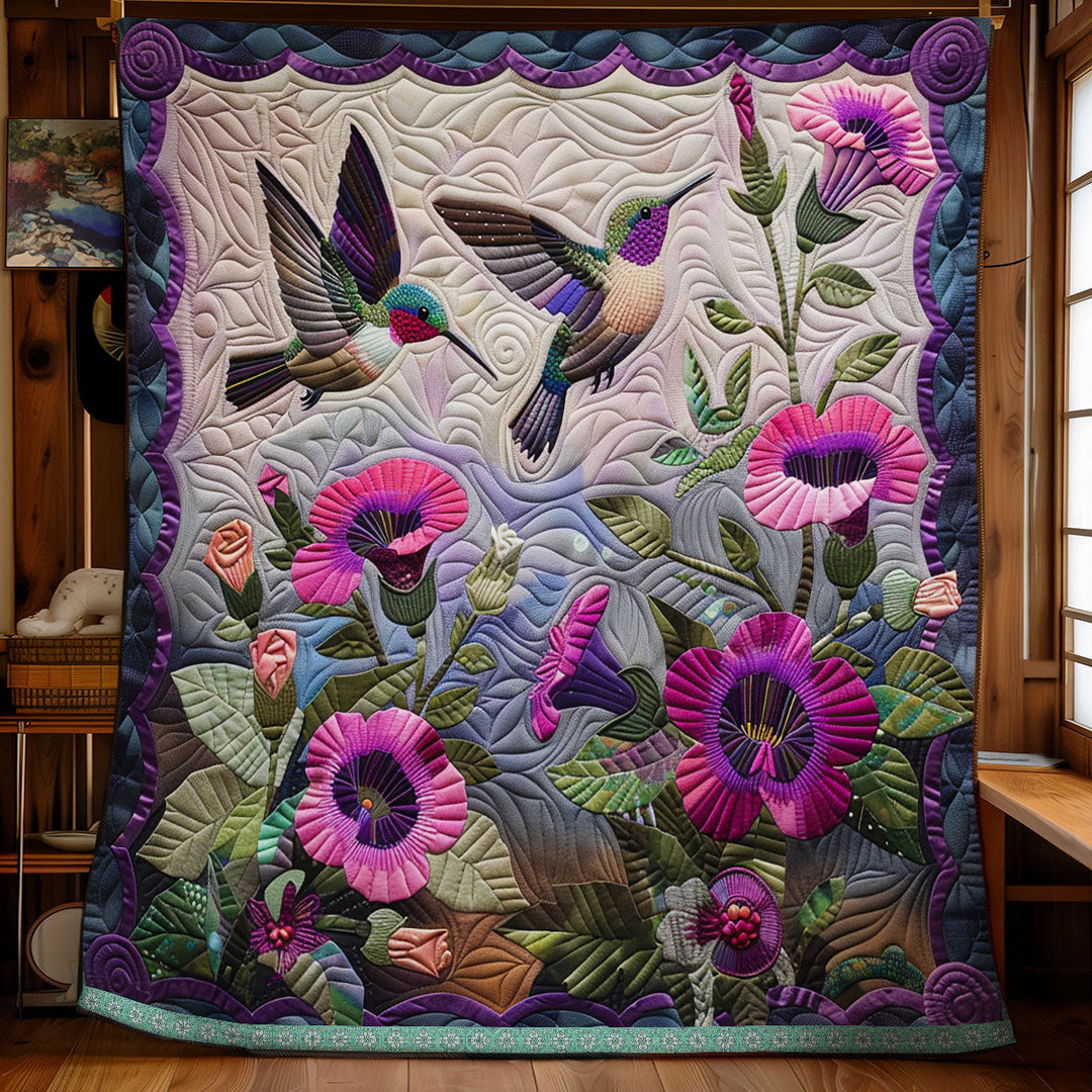 Steppdecke mit Kolibris und pinken Blüten
