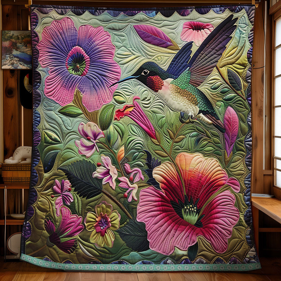 Steppdecke mit Kolibri und Hibiskus