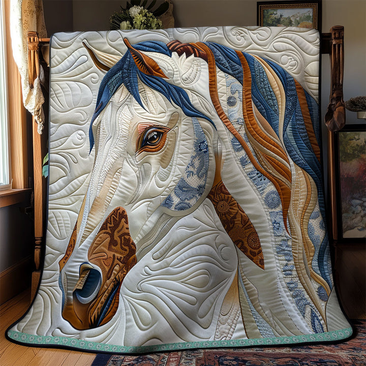 Steppdecke mit Pferd in Blau und Braun