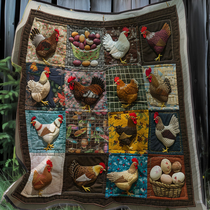 Patchwork-Steppdecke mit Hühnern und Eiern