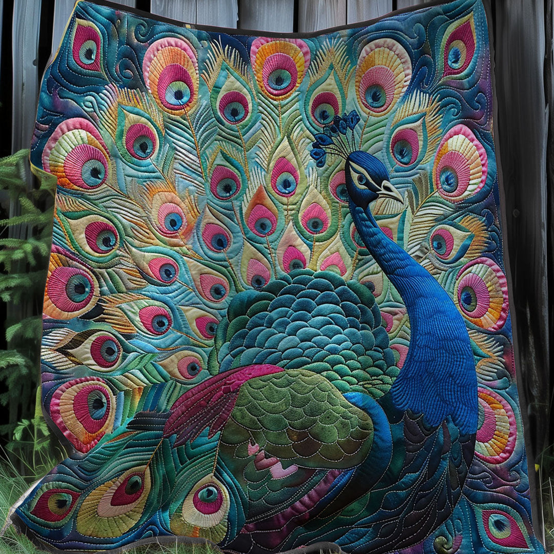 Steppdecke mit Pfau in Smaragd und Pink