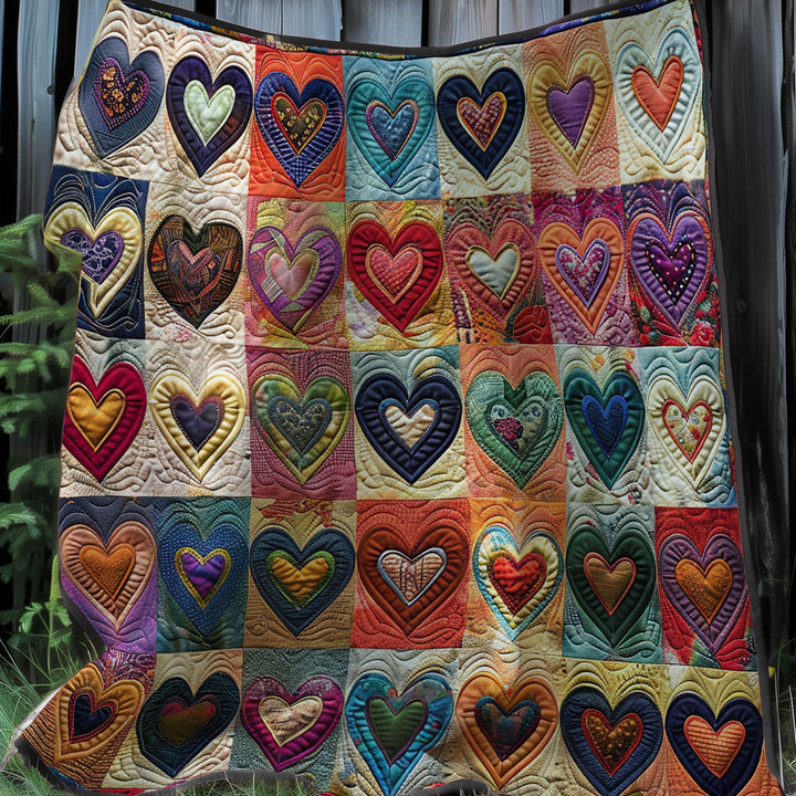 Patchwork-Steppdecke mit bunten Herzen